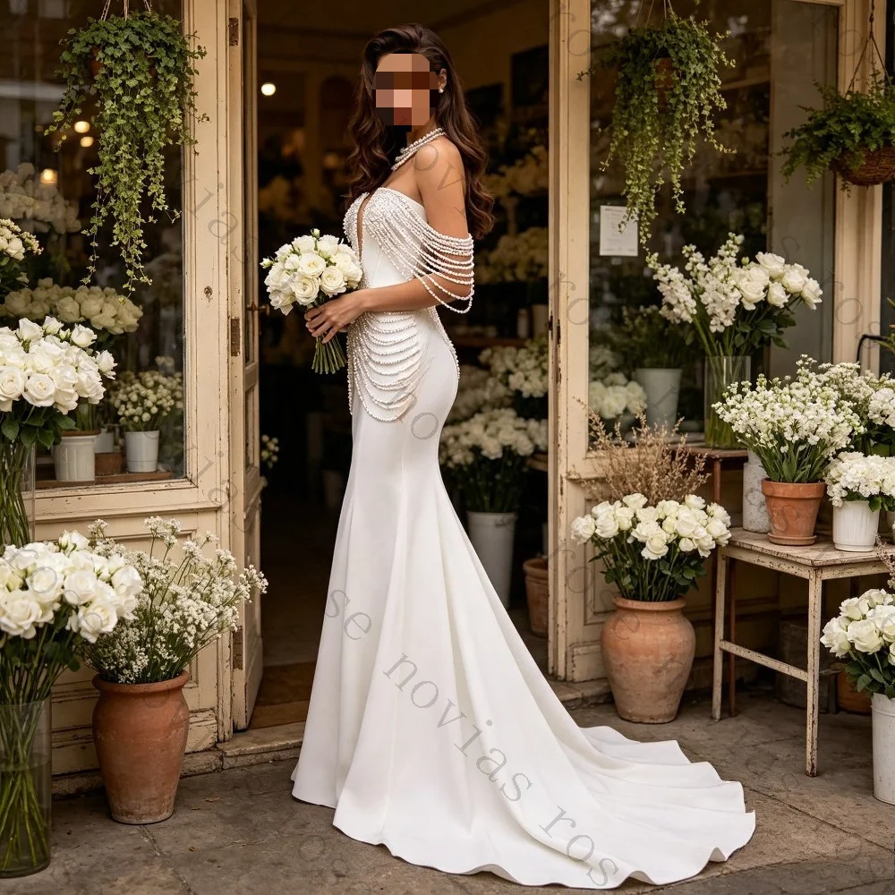 Customized Luxury Beaded Off Shoulder Summer Wedding Dresses for 2026 Sexy V-neck Backless Slim Fit Mermaid Satin Bridal Gown