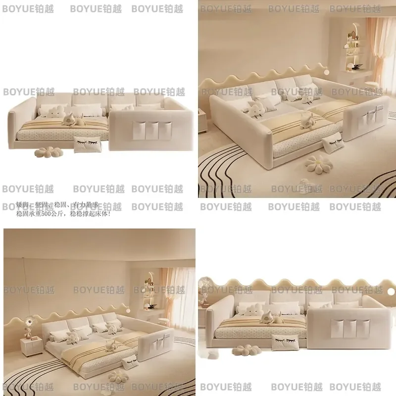 Elephant Ear Family Bed for Four Parent Child Triple Sleeping Platform Large Size Bedroom Furniture for Boys Girls Co