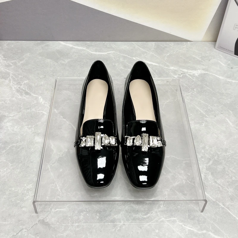 Square-Toed Women's Shoes Rhinestone Thick Heels Genuine Leather Loafers Evening Party Runway Look Female Designer Single Shoes