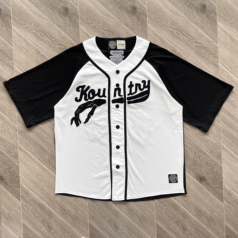 

23ss High Quality Patchwork Kapital Kountry Baseball Short Sleeve Shirt Bone Embroidery Letter Loose Shirt Top Tees