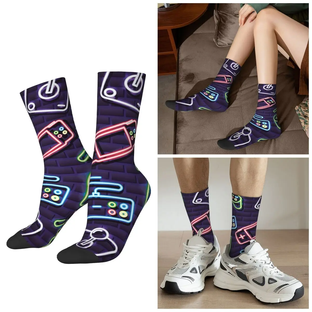 All Seasons Crew Stockings Gaming Machine Neon Colorful Pattern Socks Funny Long Socks for Men Women Valentine's Day Gifts