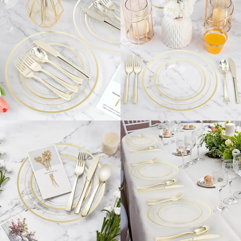 

Набор золотых пластиковых тарелок для 100 гостей: одноразовая посуда для вечеринок, свадеб, дней рождения.