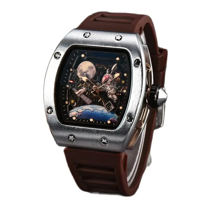 Manufacturer wholesales new wine barrel shaped space astronaut luminous hollow tourbillon fashionable men\'s wrist watch