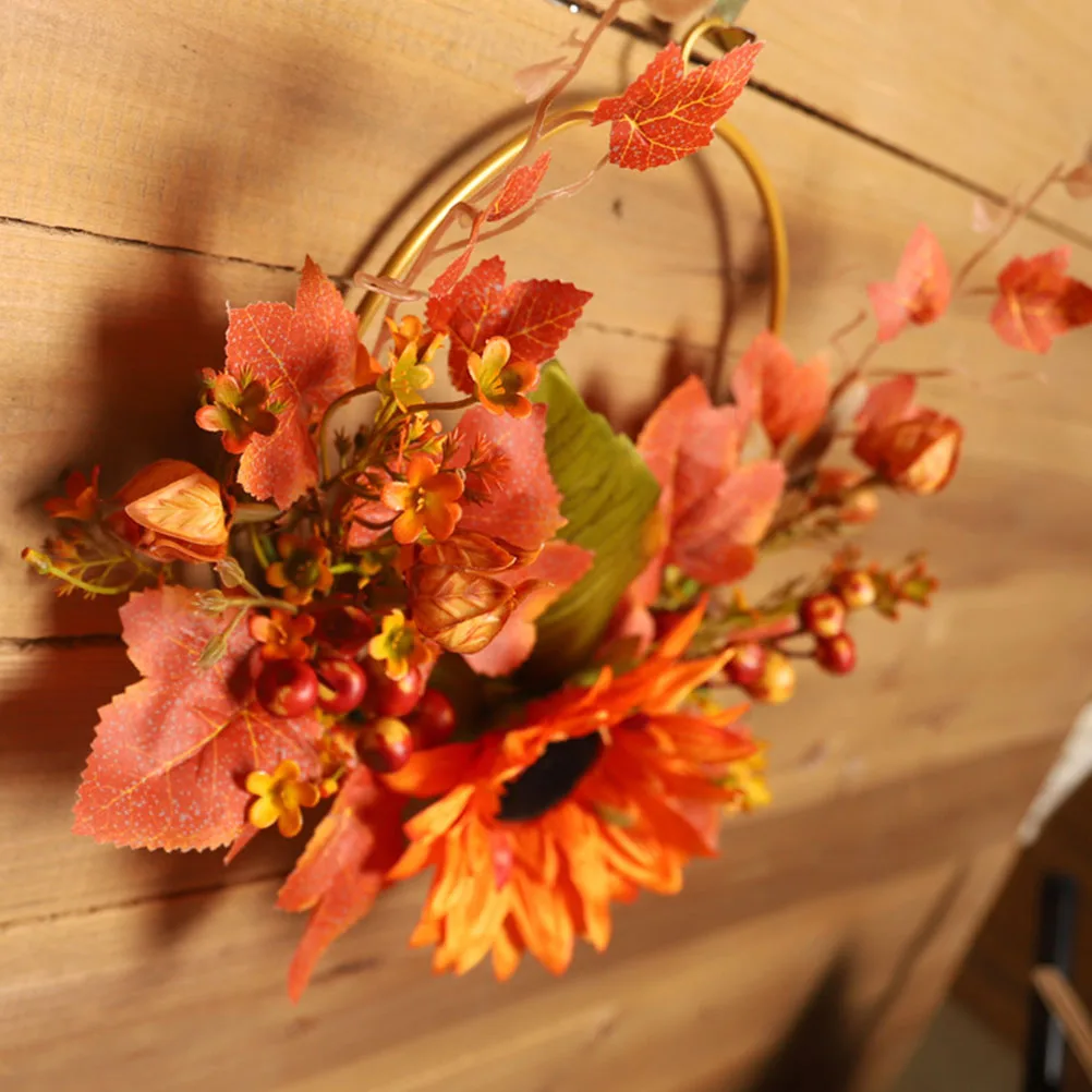 

1pc Sunflower Wreath Premium Elegant Door Wall Decor Thanksgiving Garland For Wedding Bedroom Party Orange Iron Silk Material