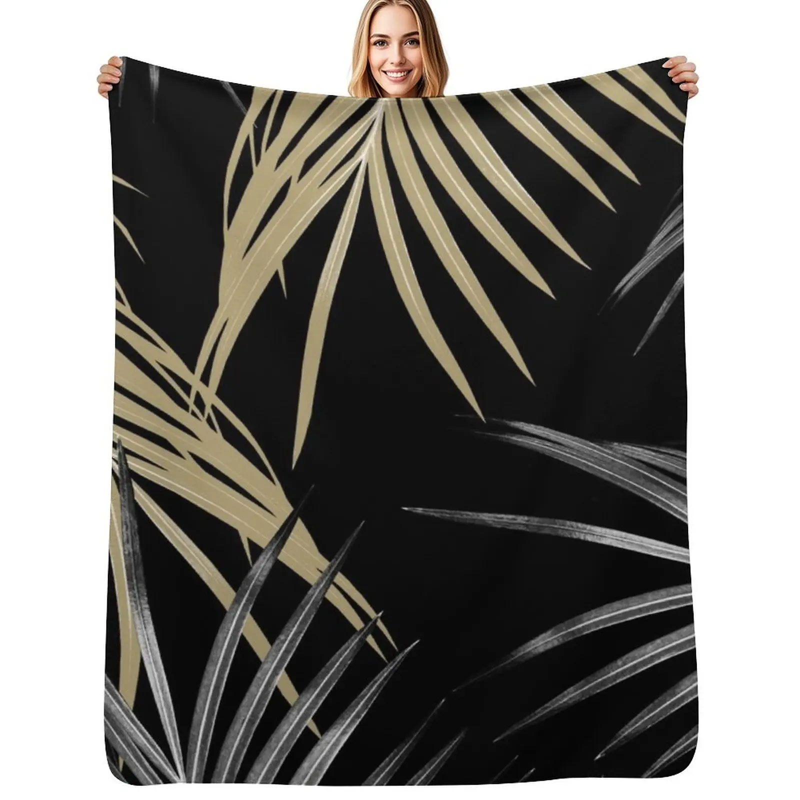 

Gold Gray Palm Leaves Dream #1 #tropical #decor #art Throw Blanket Retros Furry Beach Giant Sofa Blankets
