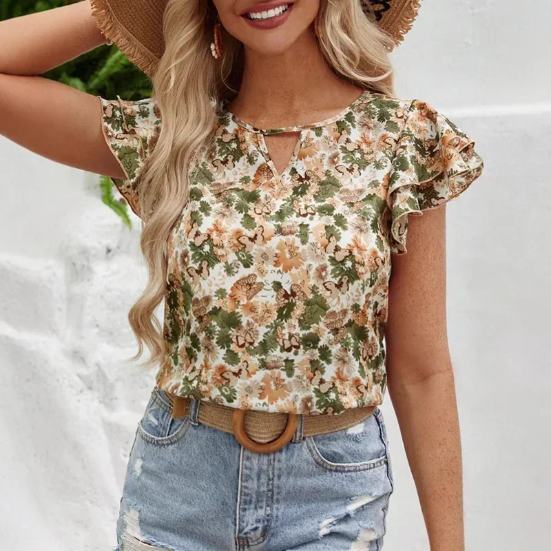 

2025 European And American Women's Clothing Printed Lotus Leaf Edge V-neck Petal Sleeve Short Sleeve