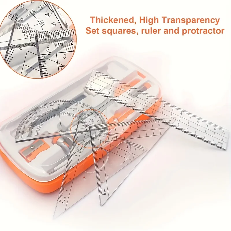 10 قطع لكل صندوق مجموعة أدوات الرياضيات متعددة الألوان، بما في ذلك البوصلة، المنقلة، المسطرة، الممحاة، قلم رصاص وغيرها من الرسم
