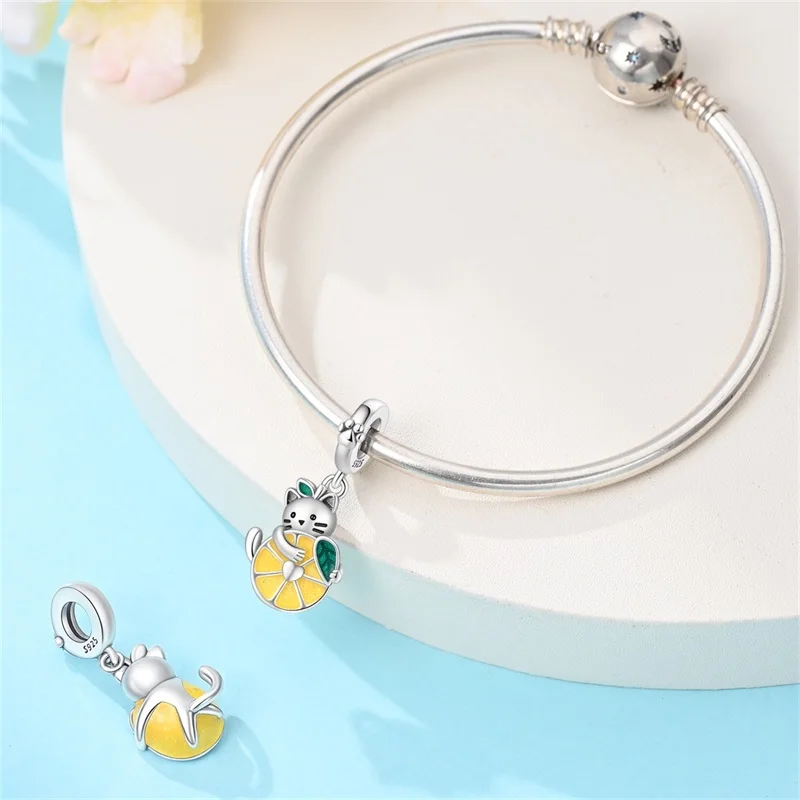 New 925 Sterling Silver Cute Yellow Lemon Cat Charm Pendant Original Bracelet Keychain DIY Women's Birthday Jewelry Gift