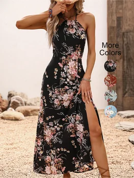 Women's Floral Print High Slit Thigh Halter Dress - Summer Sleeveless Sexy Bodycon Beach…