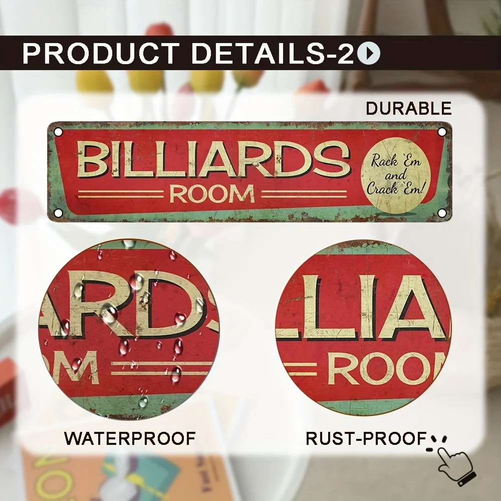 Billiards Room Vintage Metal Sign Humorous Wall Decor for Home or Office, Durable Art with Rustic Design, Easy-to-Hang