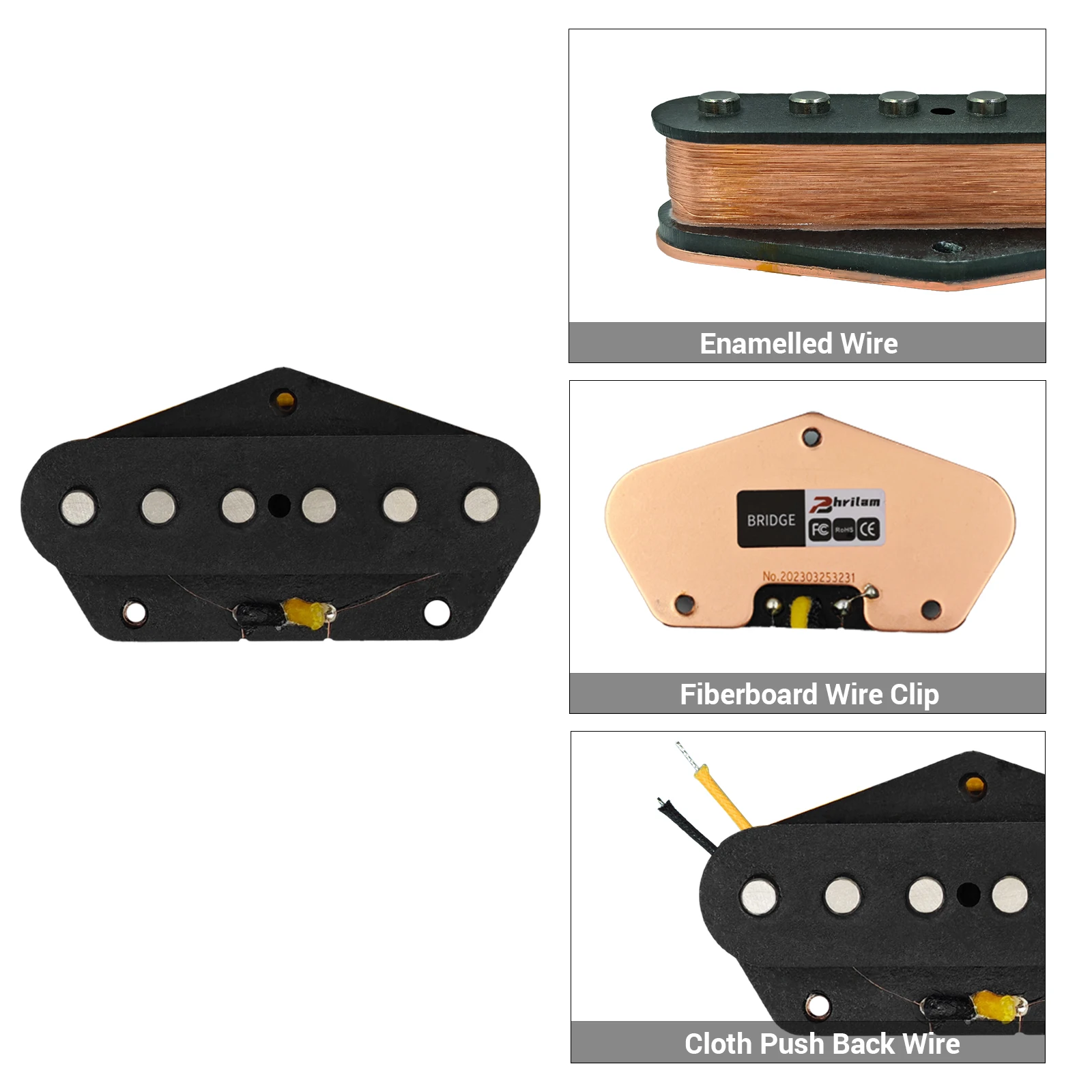 PHRILAM  Alnico5 Fiber bobbin Noiseless Single Coil Guitar Pickups Bridge  /Neck Pickup  Fit Pickups Part