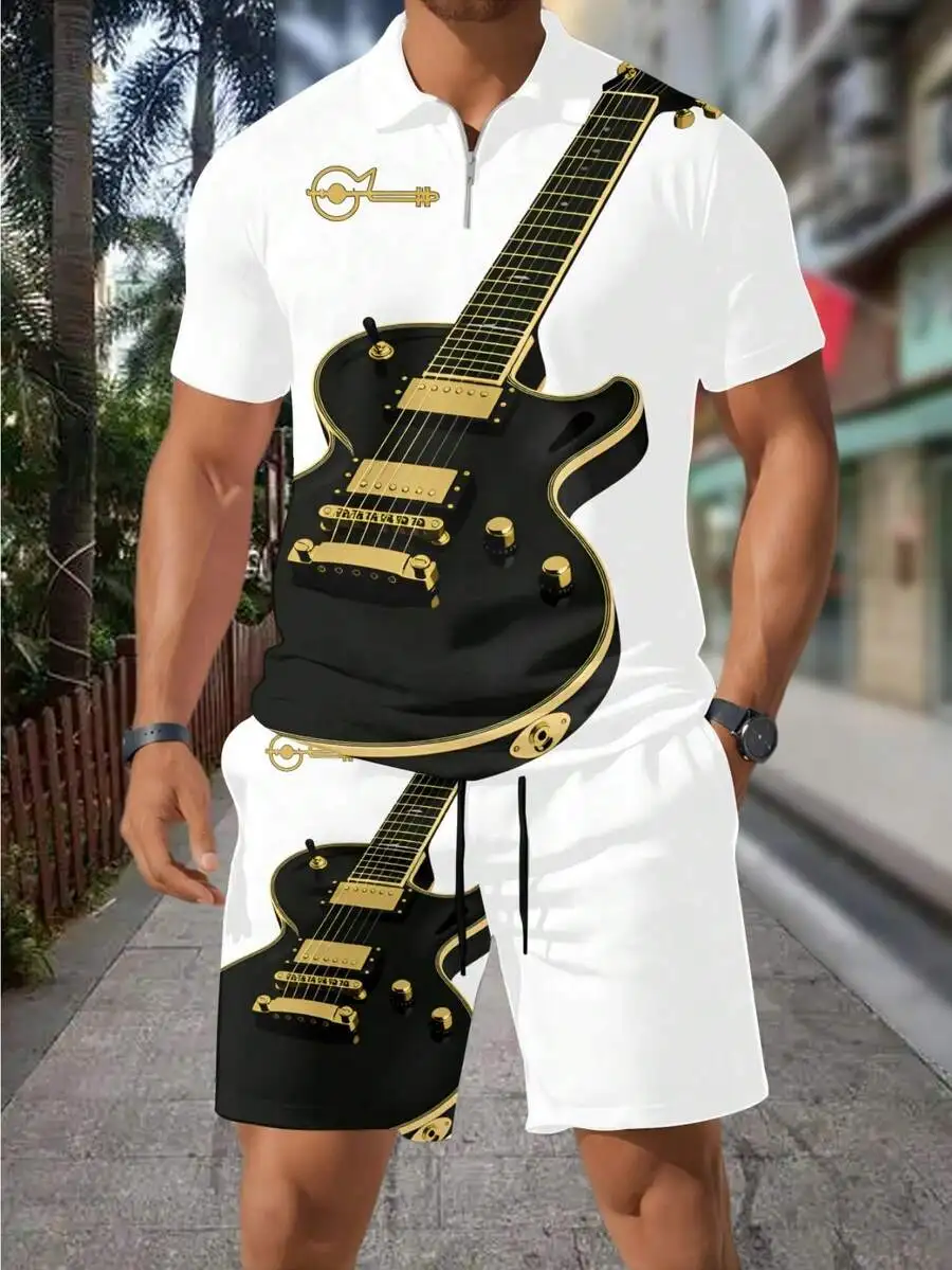 Mens 3D Guitar Print Zip Shirt And Shorts Set Casual Summer Outfit