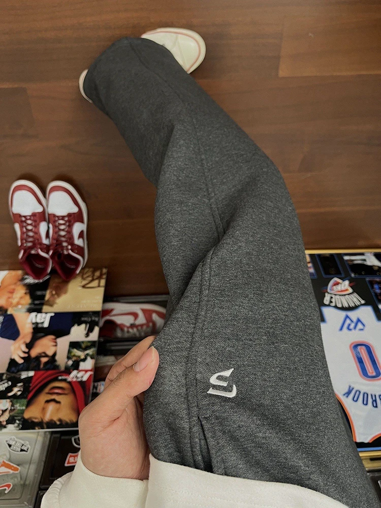 

Deep ey Fce Lined Straight Leg Men's Sweatpants Winter American Retro Embroidery Loose Wide Leg Pants Casual Trousers