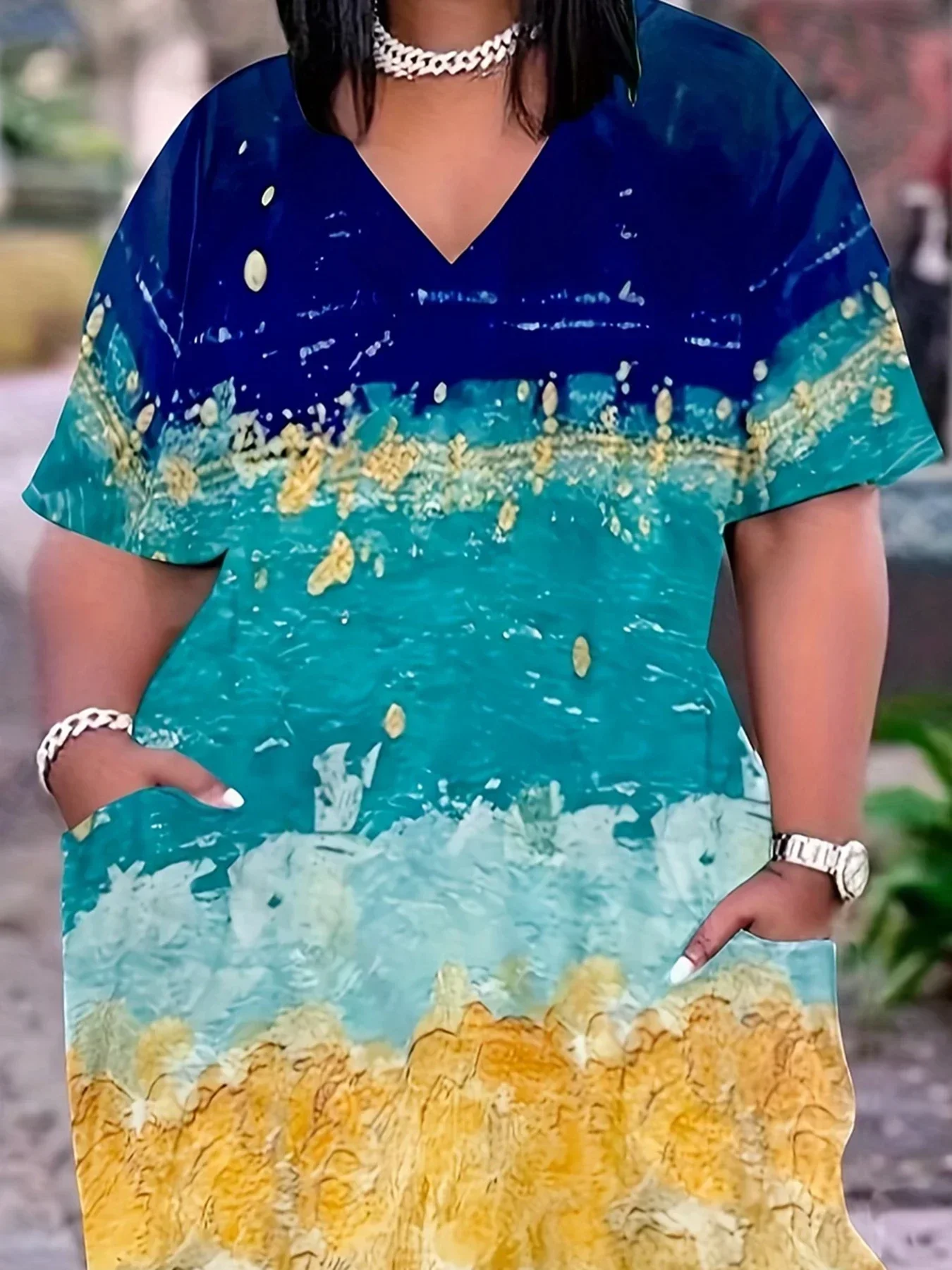 

Plus Size1XL-5XL Women Fashion Loose V-neck Dress Casual Full Body Color Blocking Striped Print Slimming and Slightly Elastic