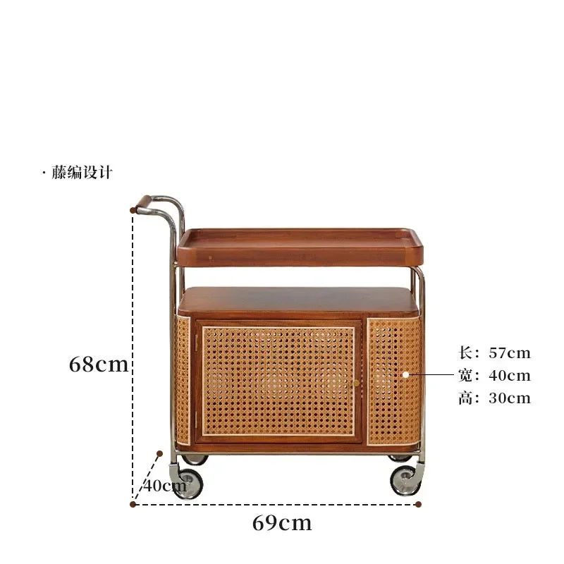 Retro solid wood edge few stainless steel storage trolley living room sofa snack cabinet rattan storage rectangular edge few
