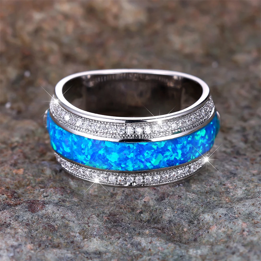 Stylish Blue Fire Opal Stone Rings For Women Classic Silver Color Wedding Band Engagement Jewelry Female Birthday Gifts