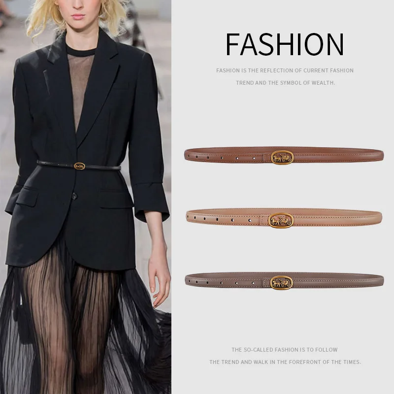 Belts Dress Simple Versatile Fashion Women Leather Belts Thin Skinny Metal Buckle Waistband  Dress Vintage Genuine Leather Belt