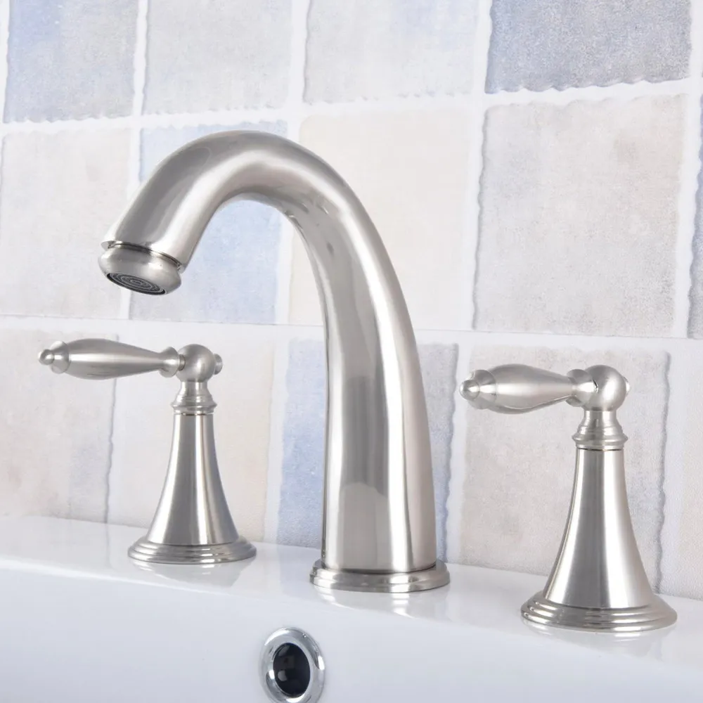 

Brushed Nickel Brass Deck Mounted Dual Handles Widespread Bathroom 3 Holes Basin Faucet Mixer Water Taps mnf683