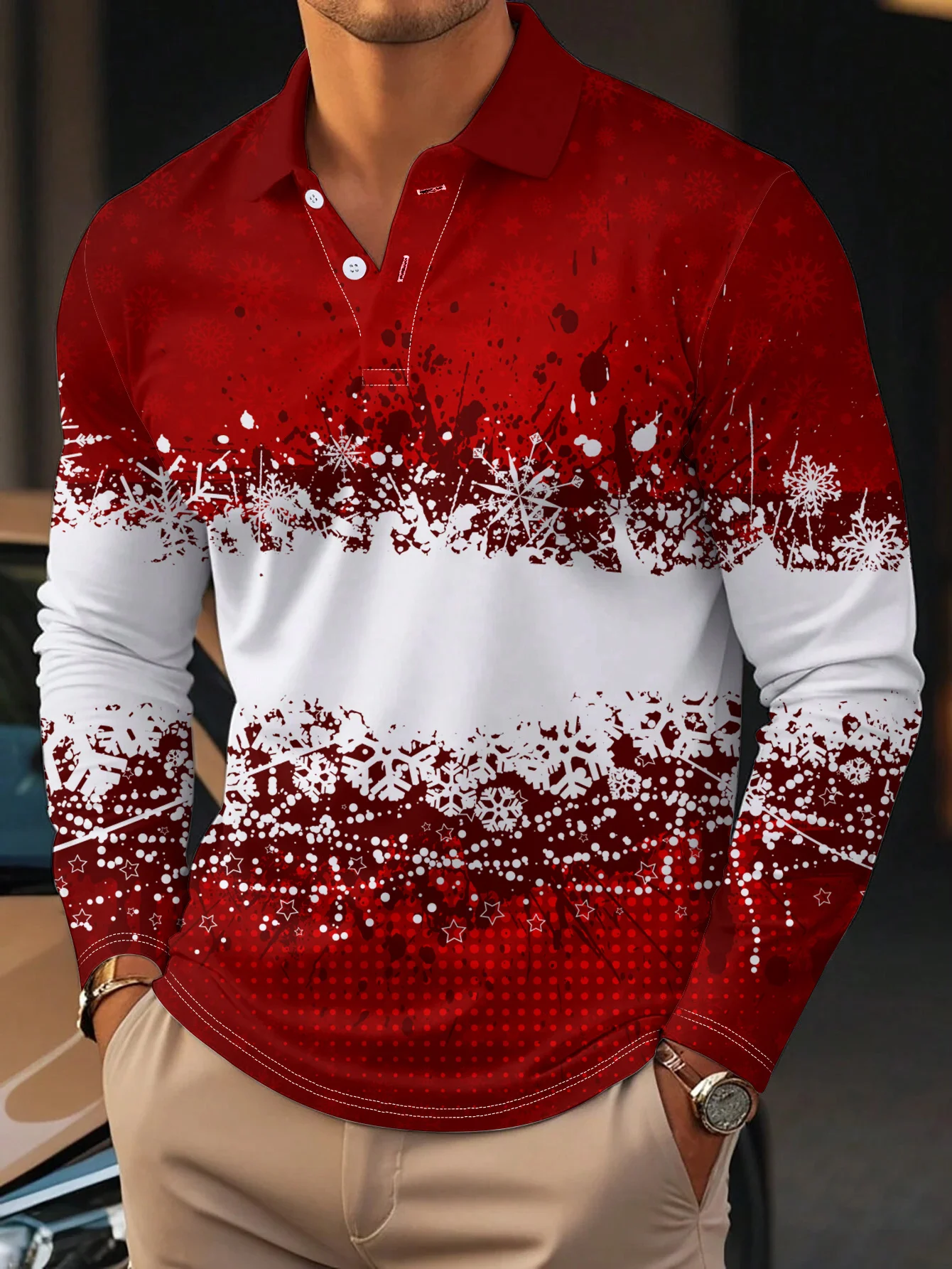 Men's Holiday Themed Long Sleeve Polo Shirt, Christmas Print Collection, Ideal for Festive Gatherings and Special Occasions