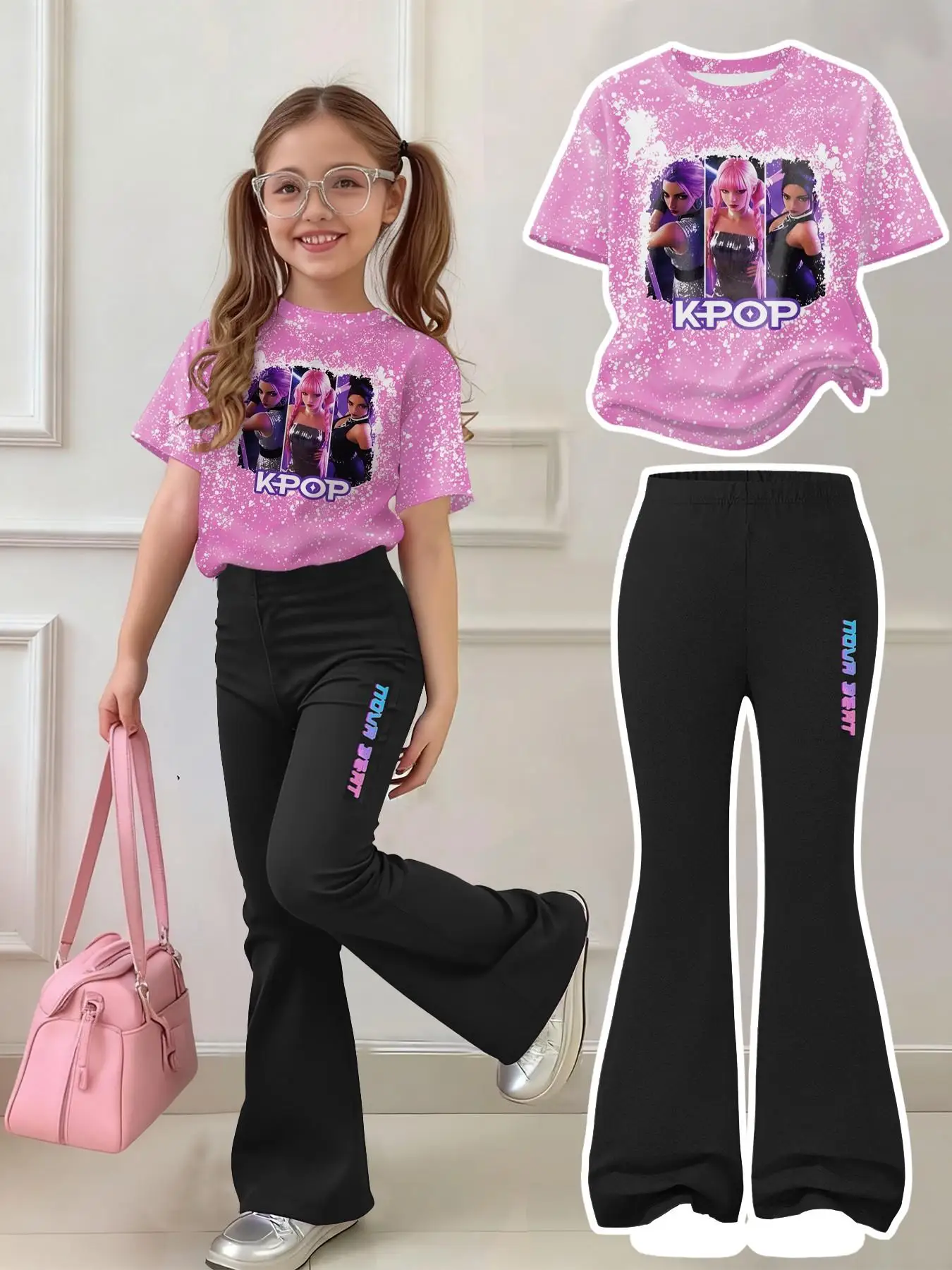 K-POP Fans Mädchen 2-teiliges Set Rosa Bleach-Print Crop Top & Schwarze Schlaghose Konzert-Outfit