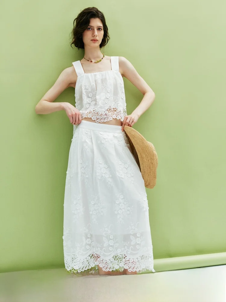

Summer Elegant Embroidered Water Soluble 3D Stereo A-Line Skirt Set Square Collar Strap Top Fashionable Chinese Brand Women's...