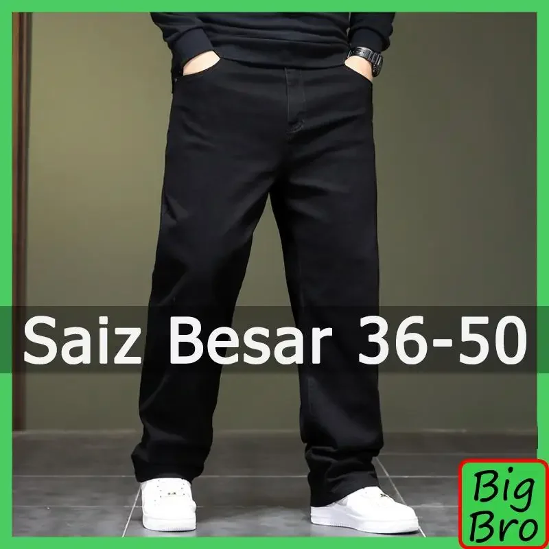 Calça jeans preta casual masculina, calças compridas, plus size 36-50