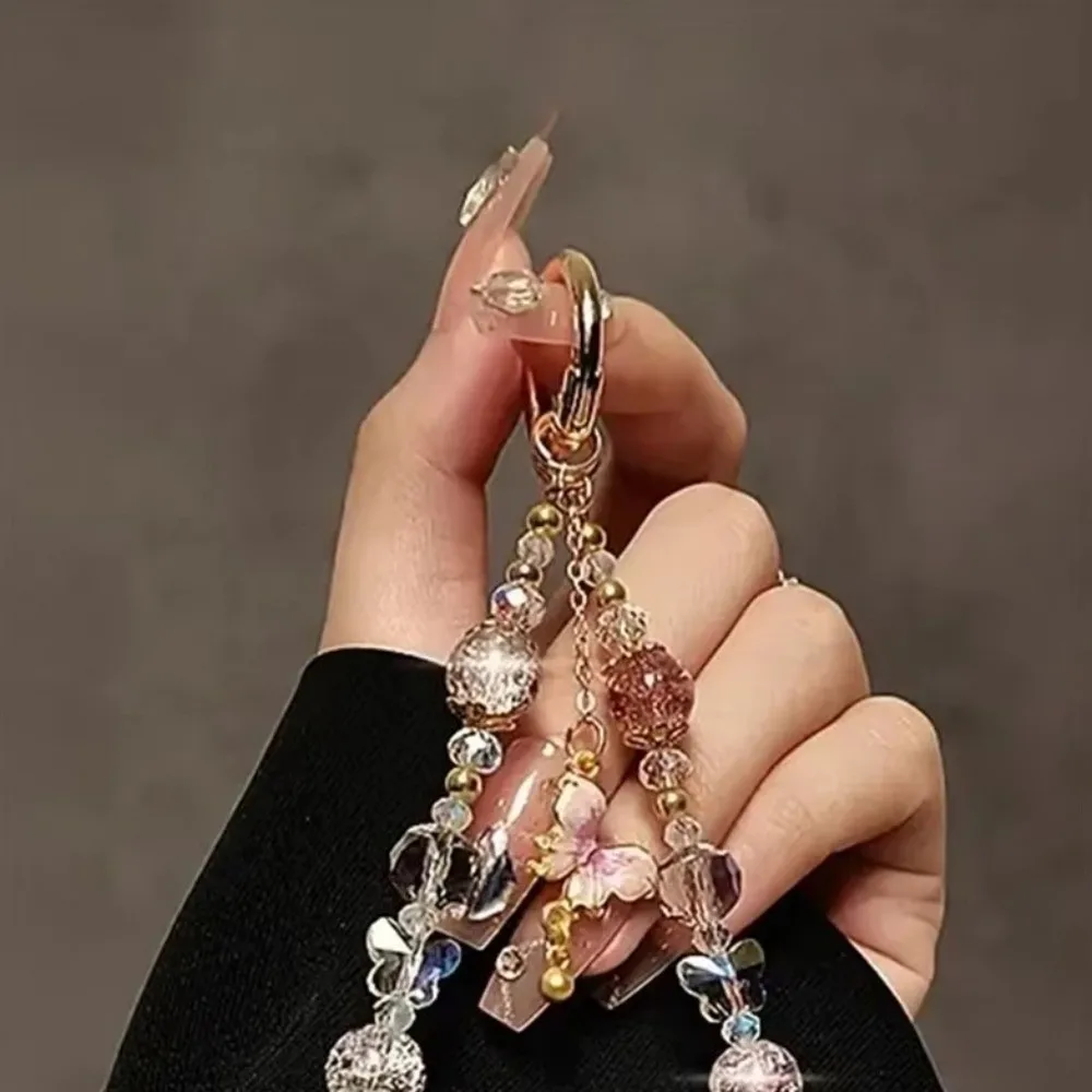 Fashion Handmade Beaded Phone Lanyard Butterfly Rhinestone Mobile Phone Chain Love Heart Beaded Crystal Phone Charm Anti Lost
