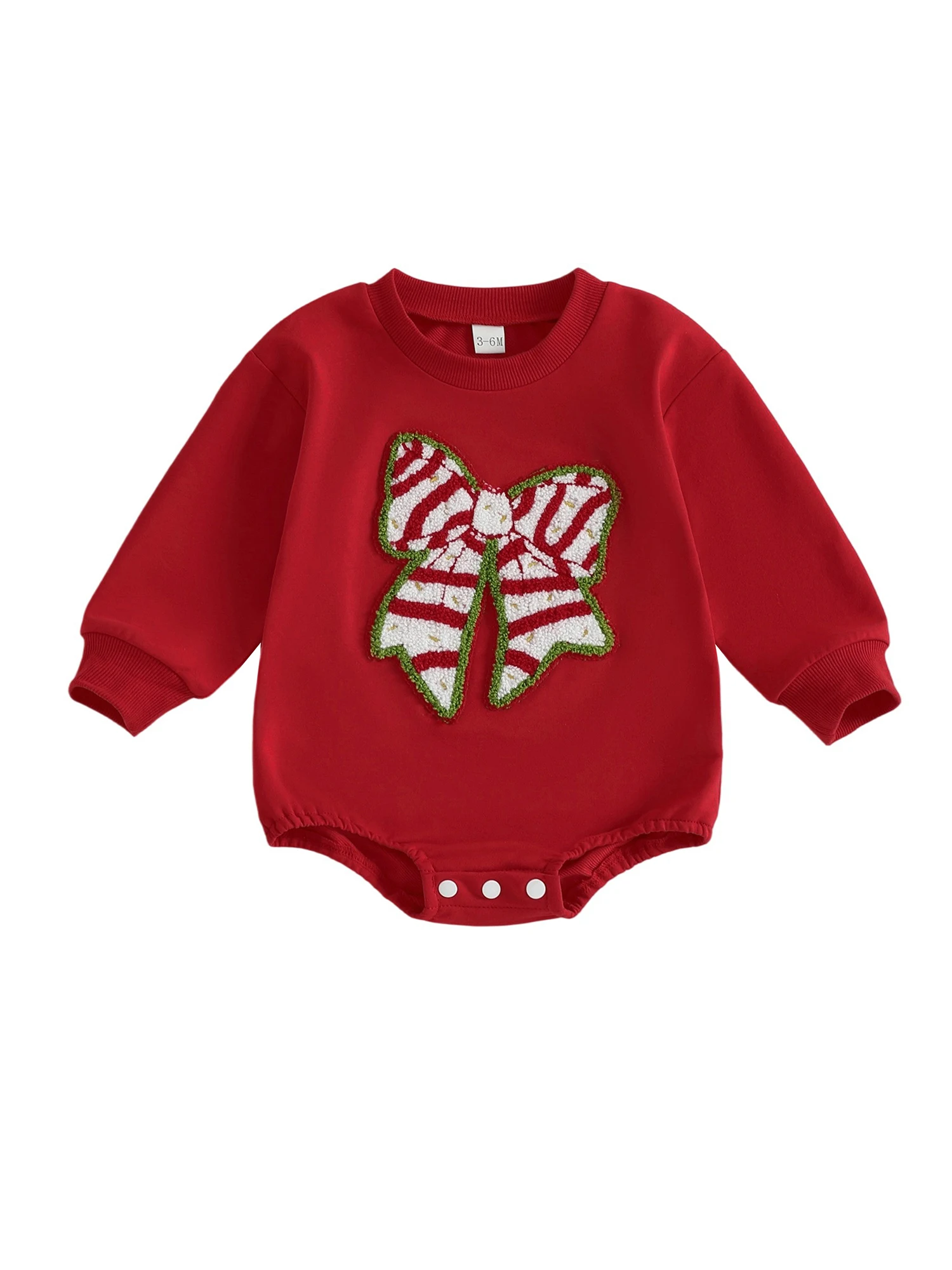 Romper Liburan Bayi Perempuan dengan Detail Pita Meriah Lengan Panjang dan Garis Leher Bulat untuk Pakaian Natal yang Menggemaskan