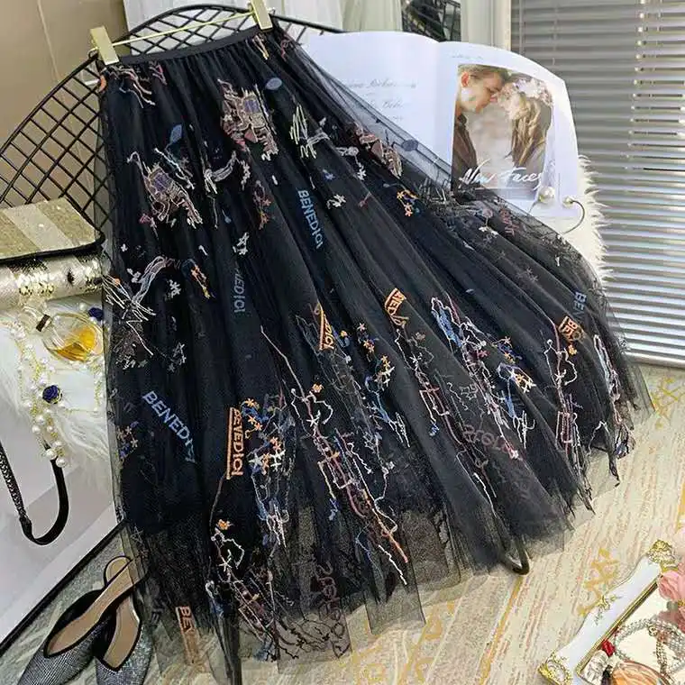 Heavy Work Elegant Embroidered Women Skirts Sequined High Waist Mesh Skirt Summer Big Swing Galaxy Fairy Long Tulle Skirt