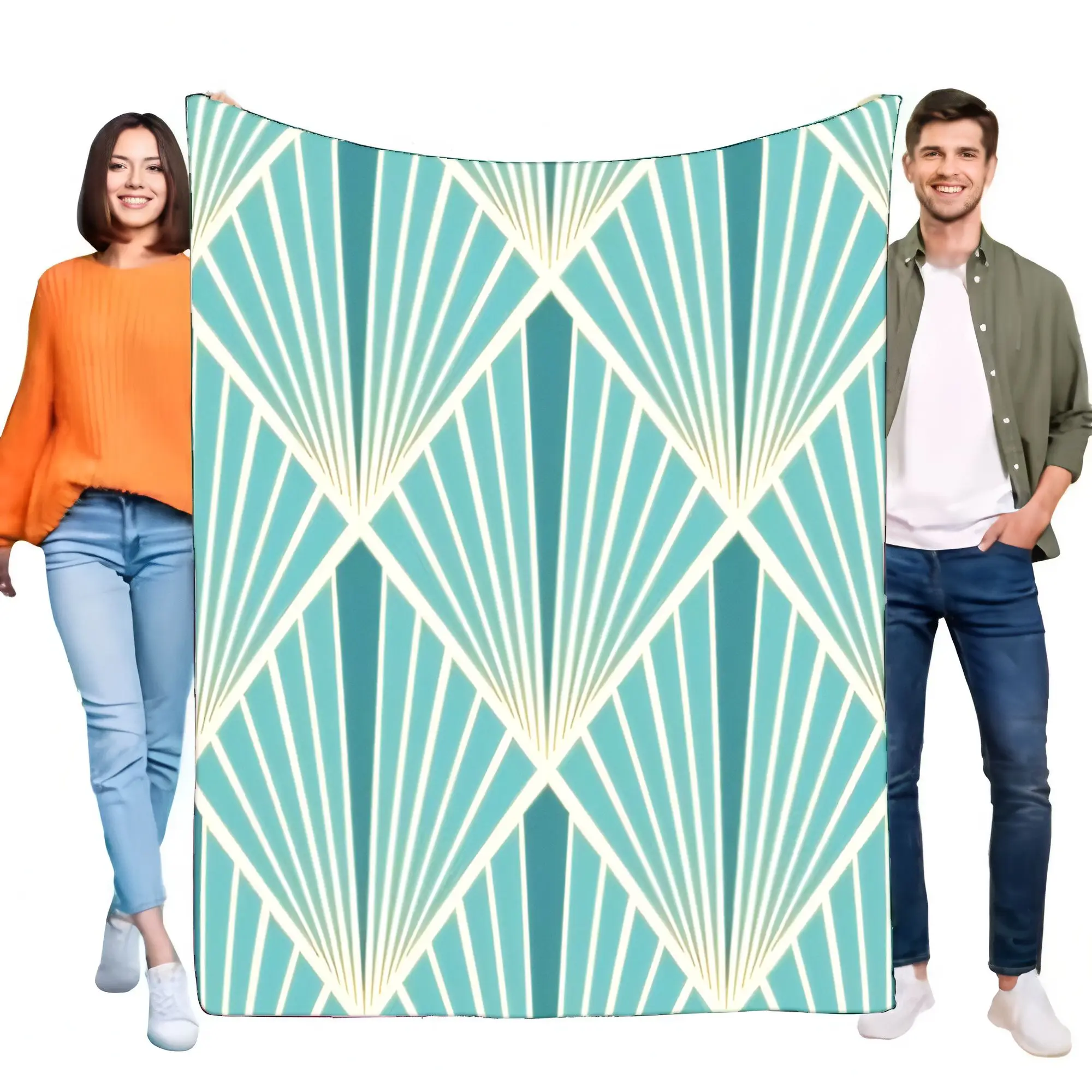 Art Deco Geometric Fan Pattern Blanket Turquoise Teal Cream Soft Flannel Throw for Sofa Bed Couch Cozy Warm Modern Stylish Home