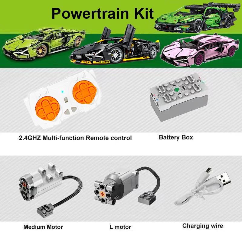 Motor Engine Electronic Remote Control Powertrain Kit For Technical 1:14 Green Pink Black Lambo Sports Car Building Blocks