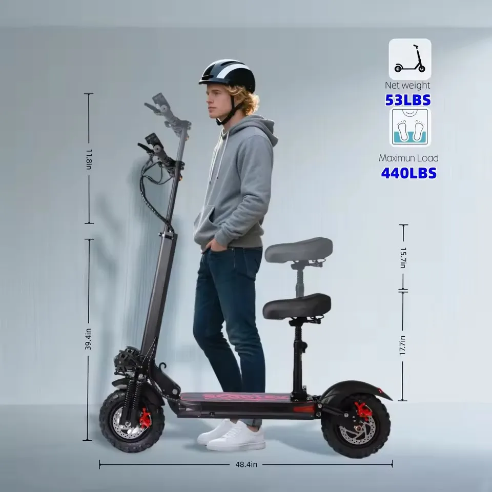 

1200W Commuter Electric Scooter for Adults (With Seat) - Foldable, 48V 18Ah Battery, 11'' Off-Road Tires & Dual Suspension