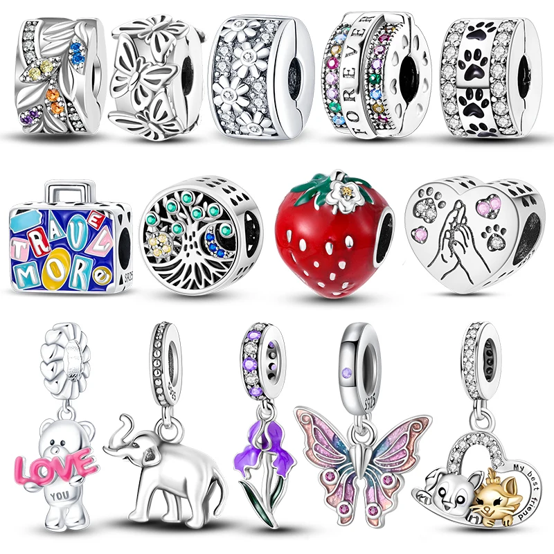 

Silver Charm 925 Sterling Silver Clip Charms Dangle Charm CZ pave Round Clip Beads Fit Original Bracelet Jewelry Making