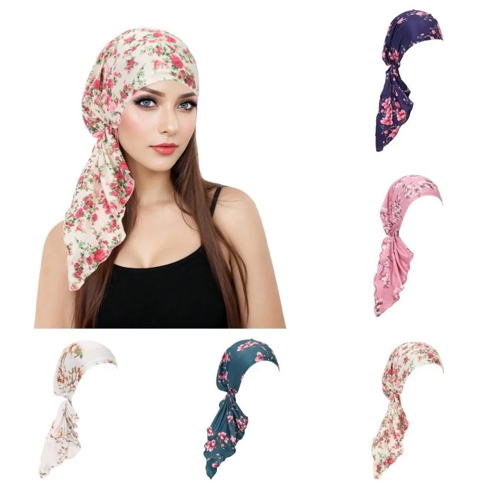 Pre-Tied Soft Turban Hat Soft Fabric Stretchy Material Pre-Tied Head Scarf Adjustable Fit Inner Liner Floral Printed Hijab