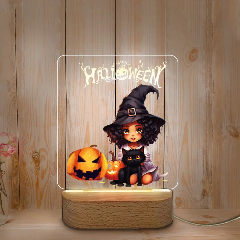 Personalized Night Lamp Color Printing Halloween Decoration USB LED Night Light for Home Baby Mother Room Wooden Base NightLight