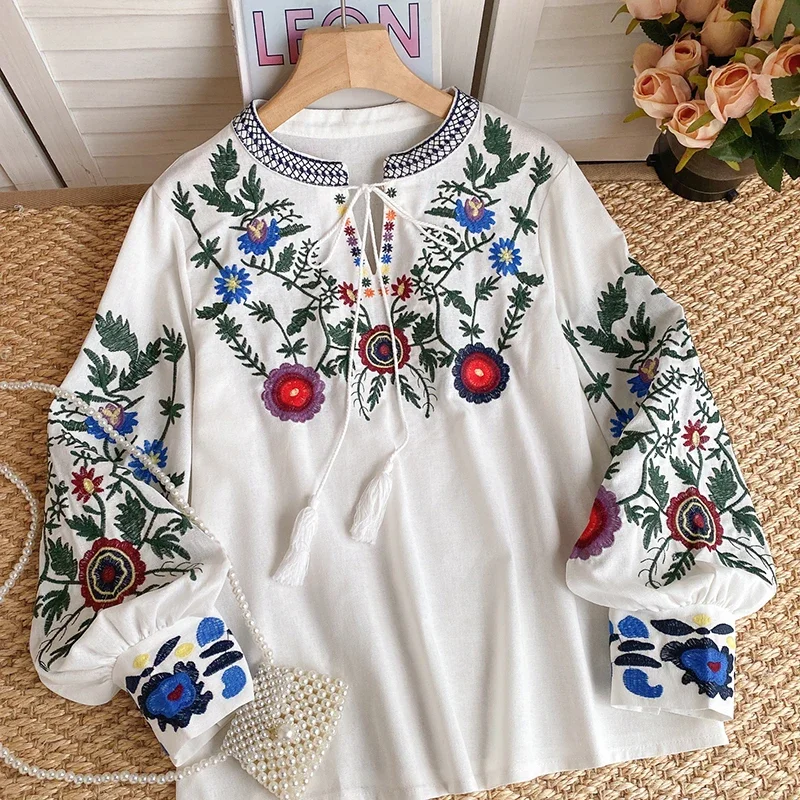 Women Spring Blouse Ethnic Style Retro Literature Loose Embroidered Cotton Linen Round Neck Pullover Shirt Casual Top A21