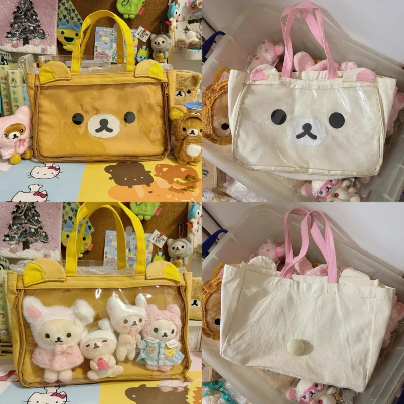 

Rilakkuma Large Capacity Tote Bag Cute Little Bear Transparent Stuffed Animal Storage Bag New Stylish Women's Shoulder Tote Bag