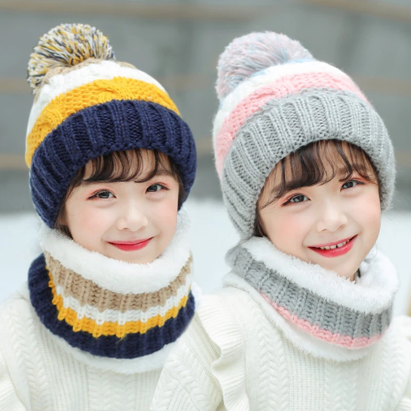 Inverno bambino bambini carino lavorato a maglia sciarpa di peluche cappello due pezzi doppio pile calore ragazzi ragazze morbido cappello antivento