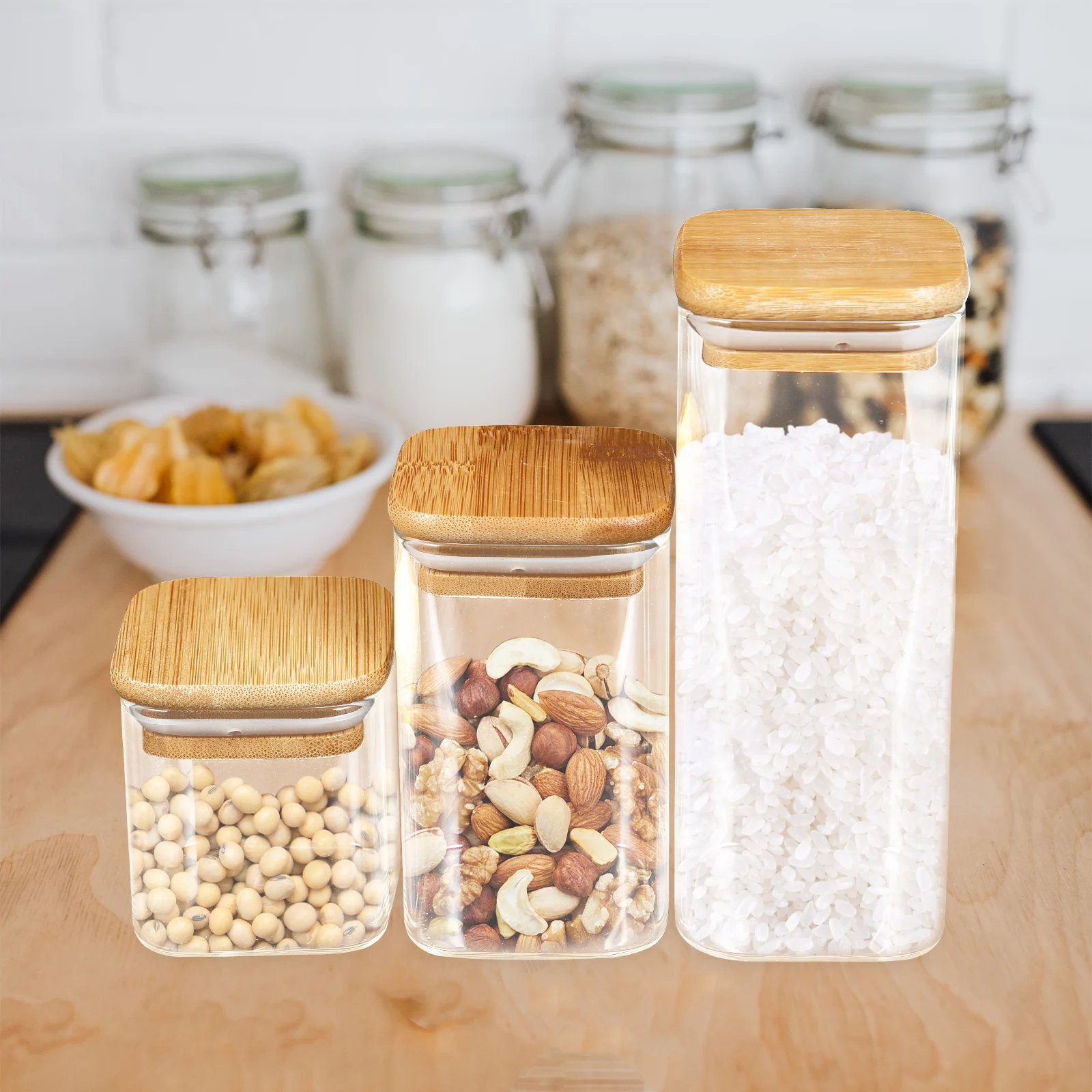 

3pcs Glass Jars Bamboo Lid Sealed Containers Kitchen Canister Food Grain Tea Dry Fruits Nuts Storage Jar Sealing Can