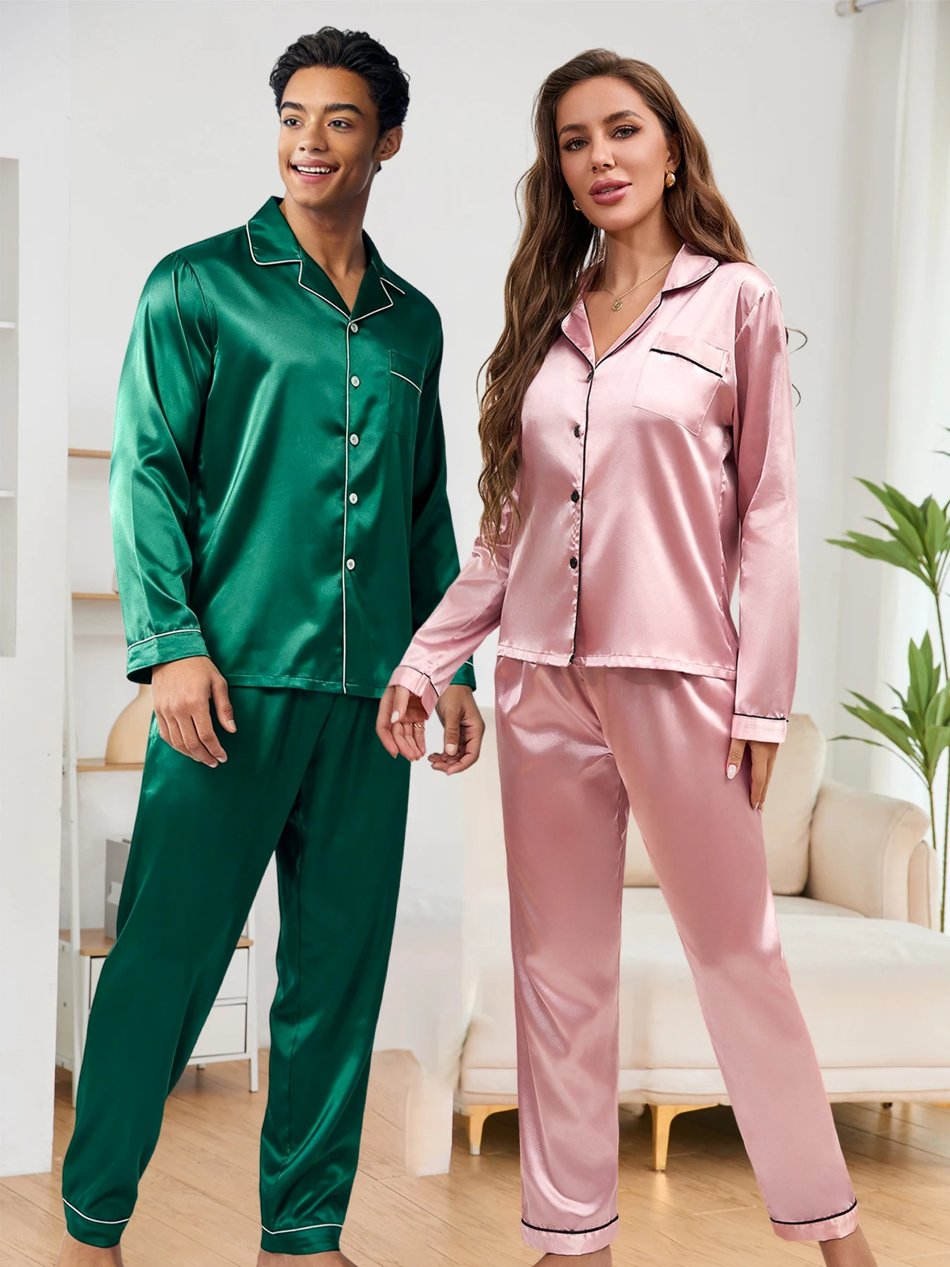 

Couple Pajama Set Men's / Women Satin Lapel Pajama Sets Button Down Loungewear Sleepwear Cozy Elegant Pajamas Men's Homewear Set