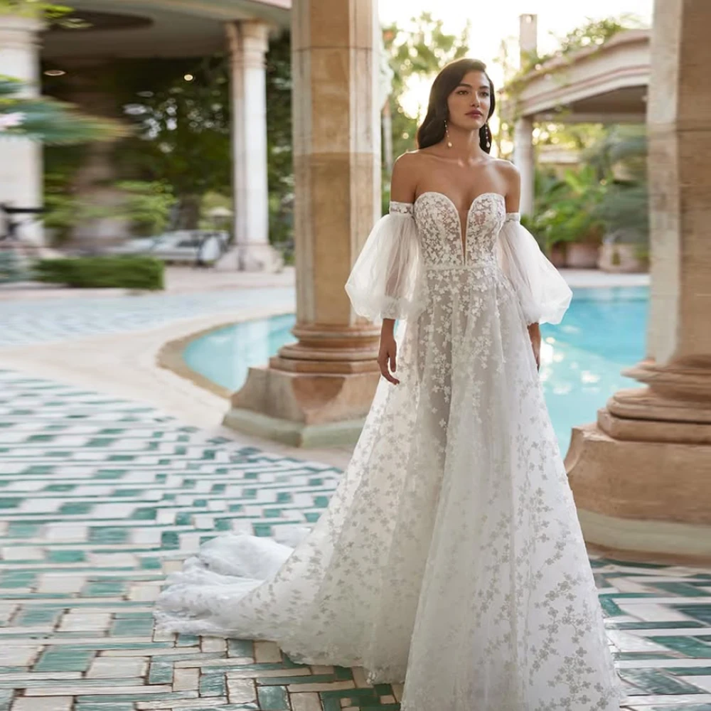 

Graceful A-Line Wedding Dresses For Women Romantic Appliques Lace Bridal Gowns Charming Lace Long Sleeves Vestidos Novias Boda