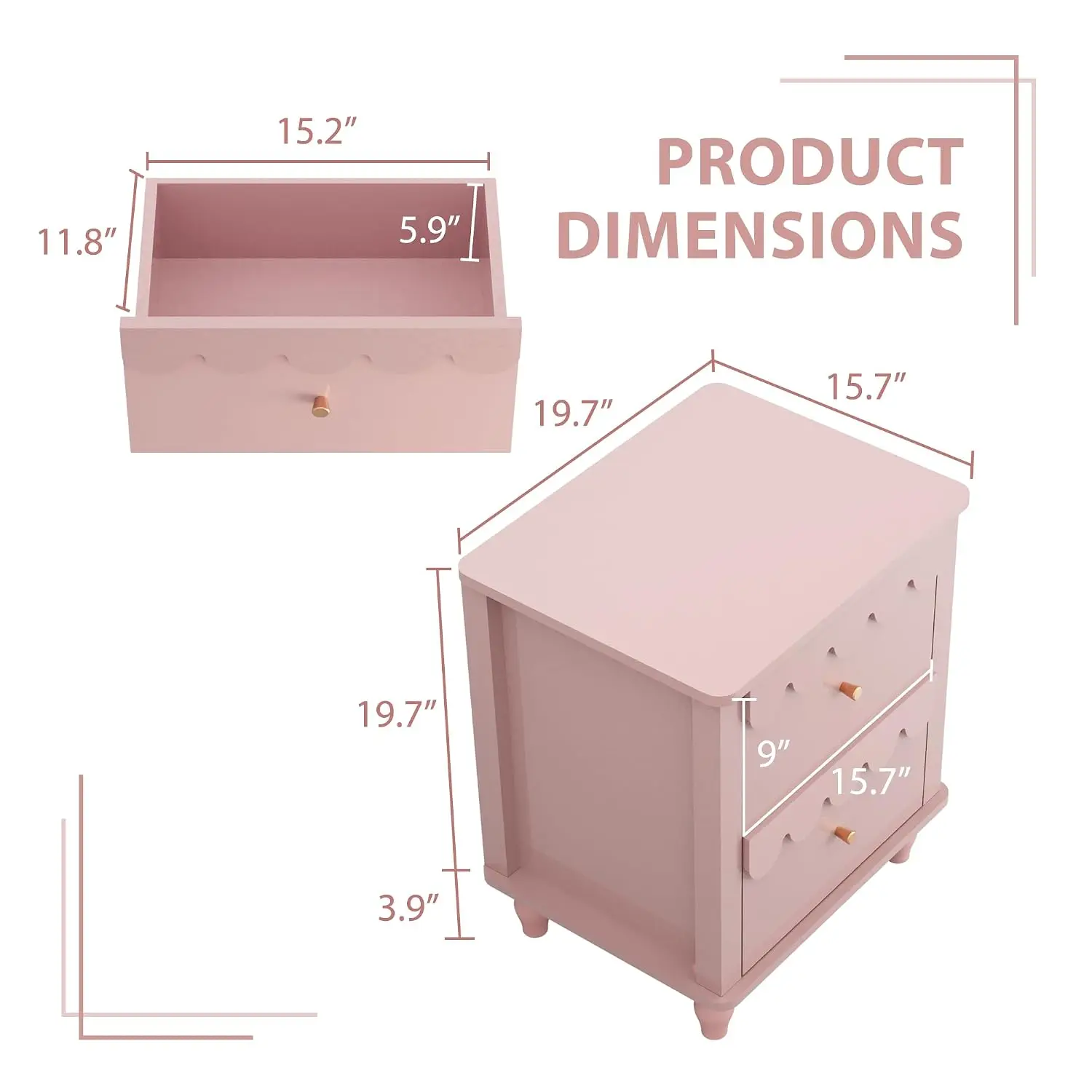 Modern Nightstand with 2 Drawers & Petal Pattern, Scalloped Bedside Table with Solid Wood Legs for Bedroom, Customized