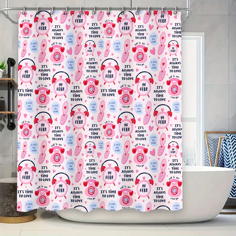 

Charming Bathroom Shower Curtain Valentine's Day Pattern with Phone and Hearts Design for Kitchen Decorations in Pink Color!