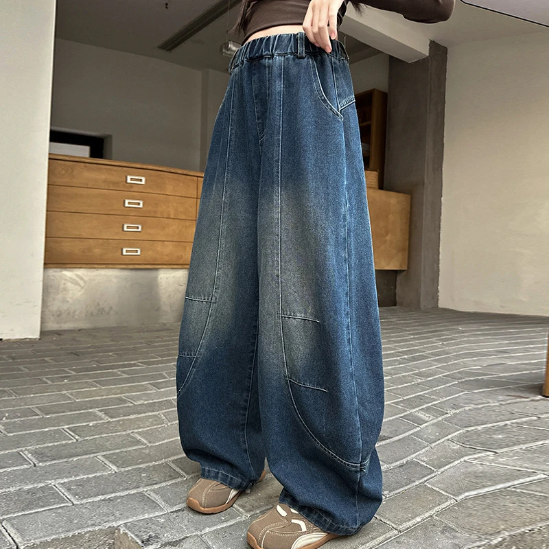 Spring Autumn Girls Curved Jeans with Ribbon Loose Pants For 5-14 Years Teen Girls Stylish Denim Wide Leg Pants