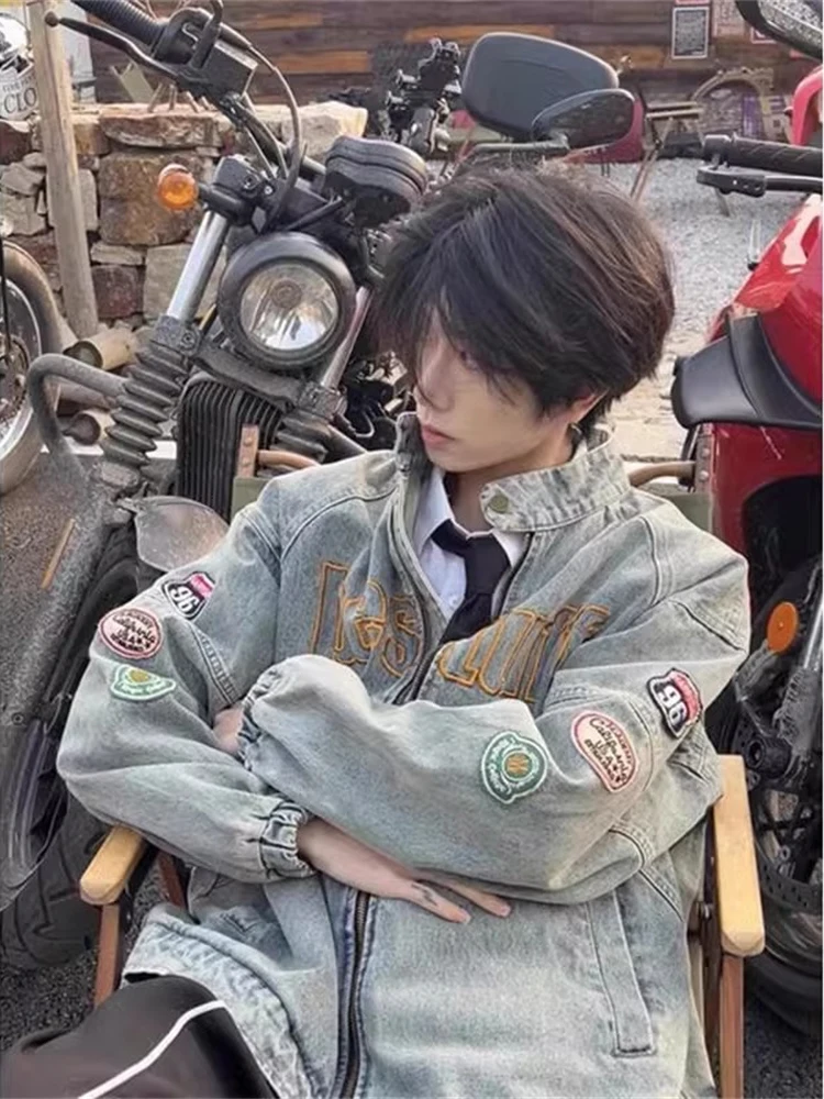 

Retro American Motorcycle Sle Embroidered Denim Jaet Men's Autumn Winter Waed Loose Casual Oversize Outerwear