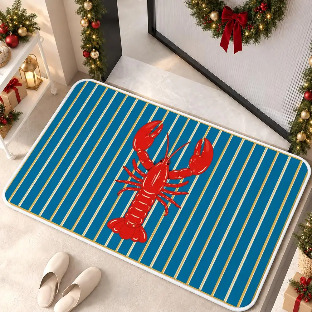 Coastal Lobster Nautical Floor Mat Soft Non Slip Flannel Door Mat for Bathroom Kitchen Bedroom Home Decor