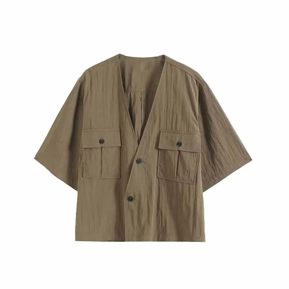 

Women's new fashion flap pocket decoration loose casual V Neck shirt retro short sleeved button up women's shirt chic top Skazi