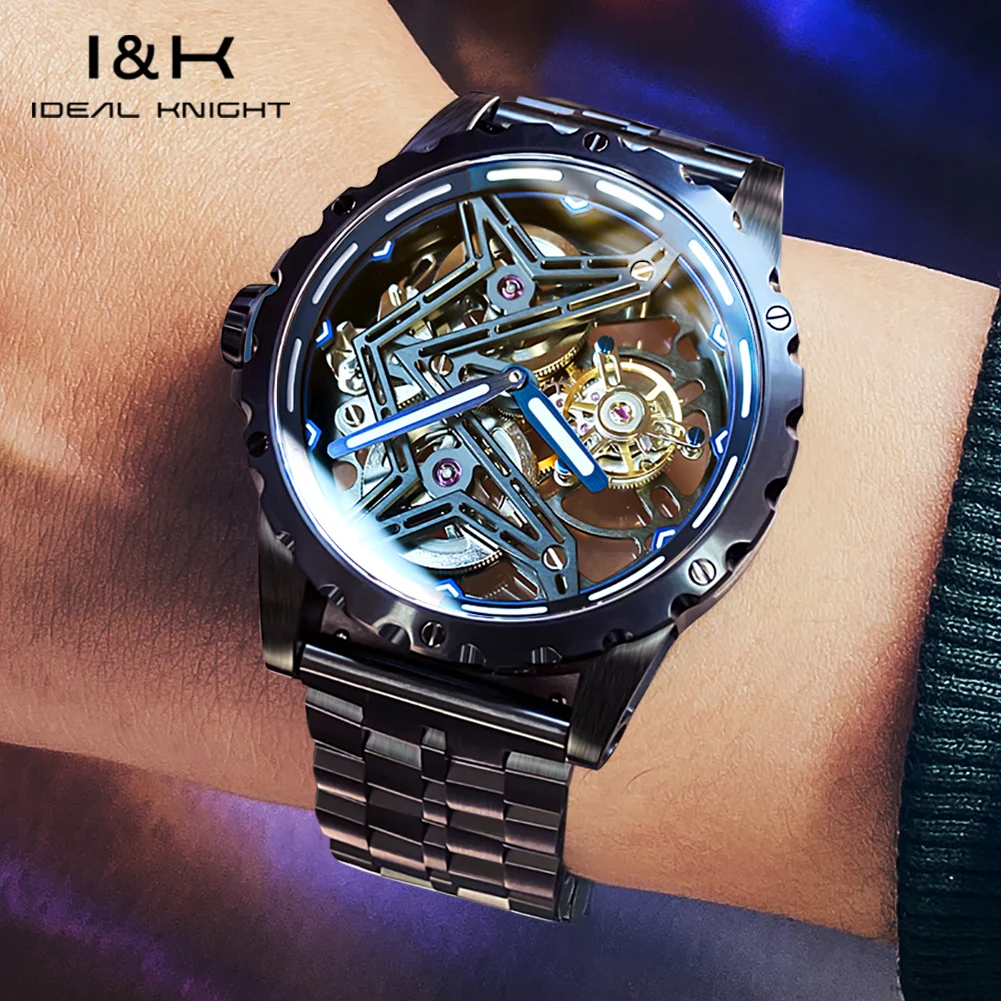 IDEAL KNIGHT 6803 Hollow Tourbillon Mechanical Watch For Men Original Automatic Wristwatch 44mm Big Dial Deep Waterproof Watches