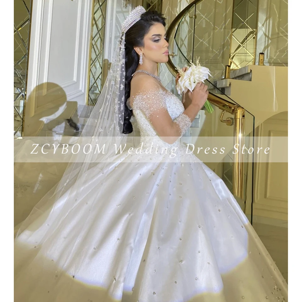 Customized Shiny O-Neck Rhinestone Wedding Dress 2025 A-Line Floor Length Sweep Train Stain Lace Up Custom Made Bridal Gown