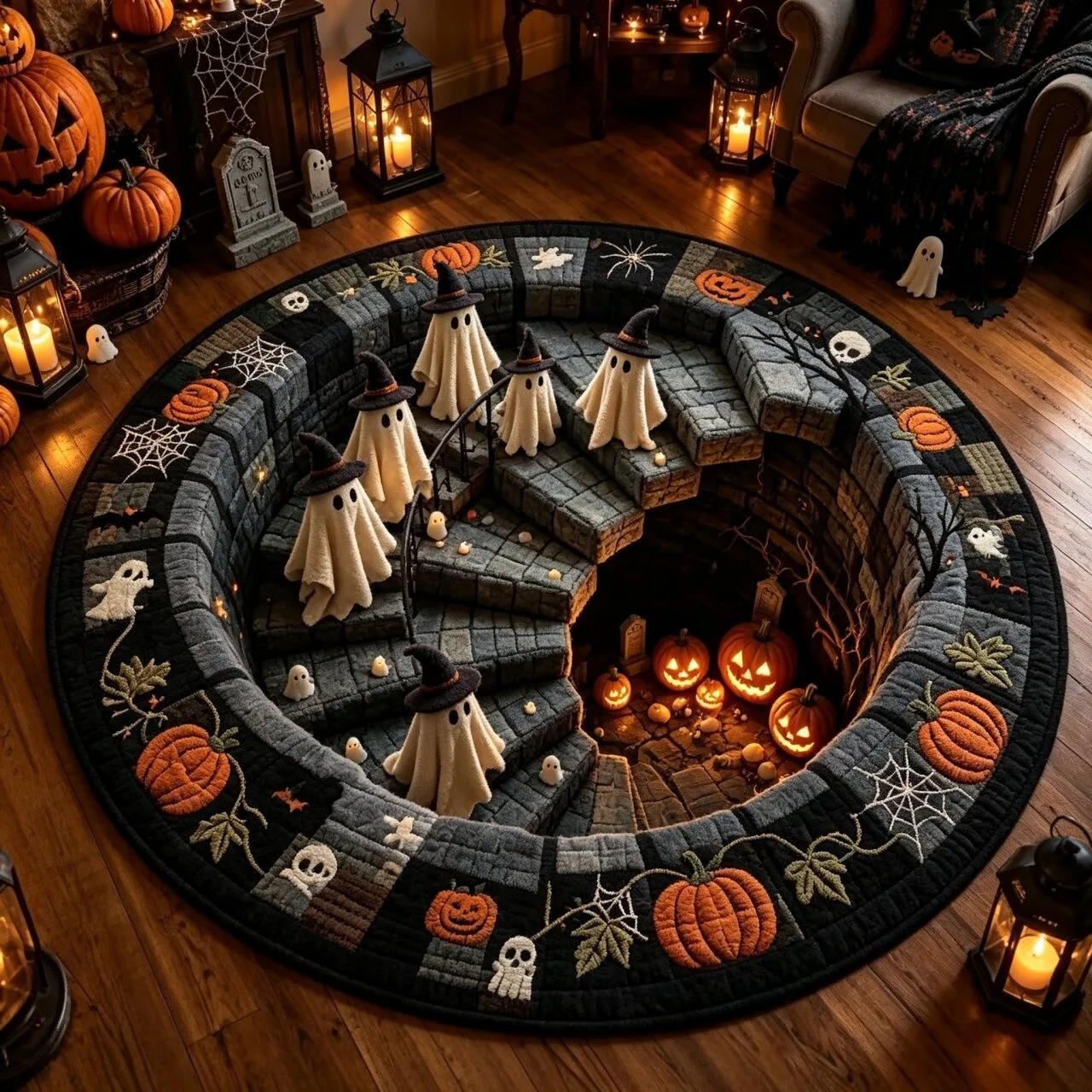 2D Illusion Halloween Round Rug Cute Ghost Black Cat Spiral Stairs Bottomless Pit Area Rug Non-Slip Circle Carpet Living Room